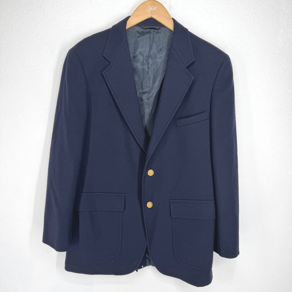 Vintage Navy Blue Wool Blazer Gold Crest Buttons USA Size S Preppy Dark Academia